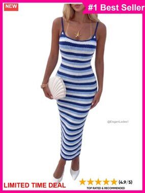 Striped Knit Cami Bodycon Dress Sleeveless Scoop Neck Summer Vacation